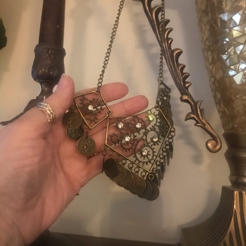 Necklace Statement Antique Gold Tone Coin Trim